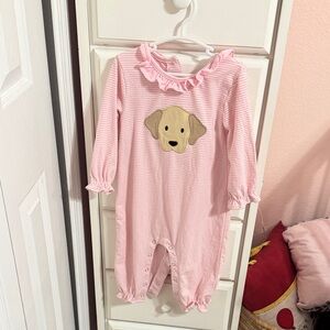 Pink Striped Baby Romper with Dog Design